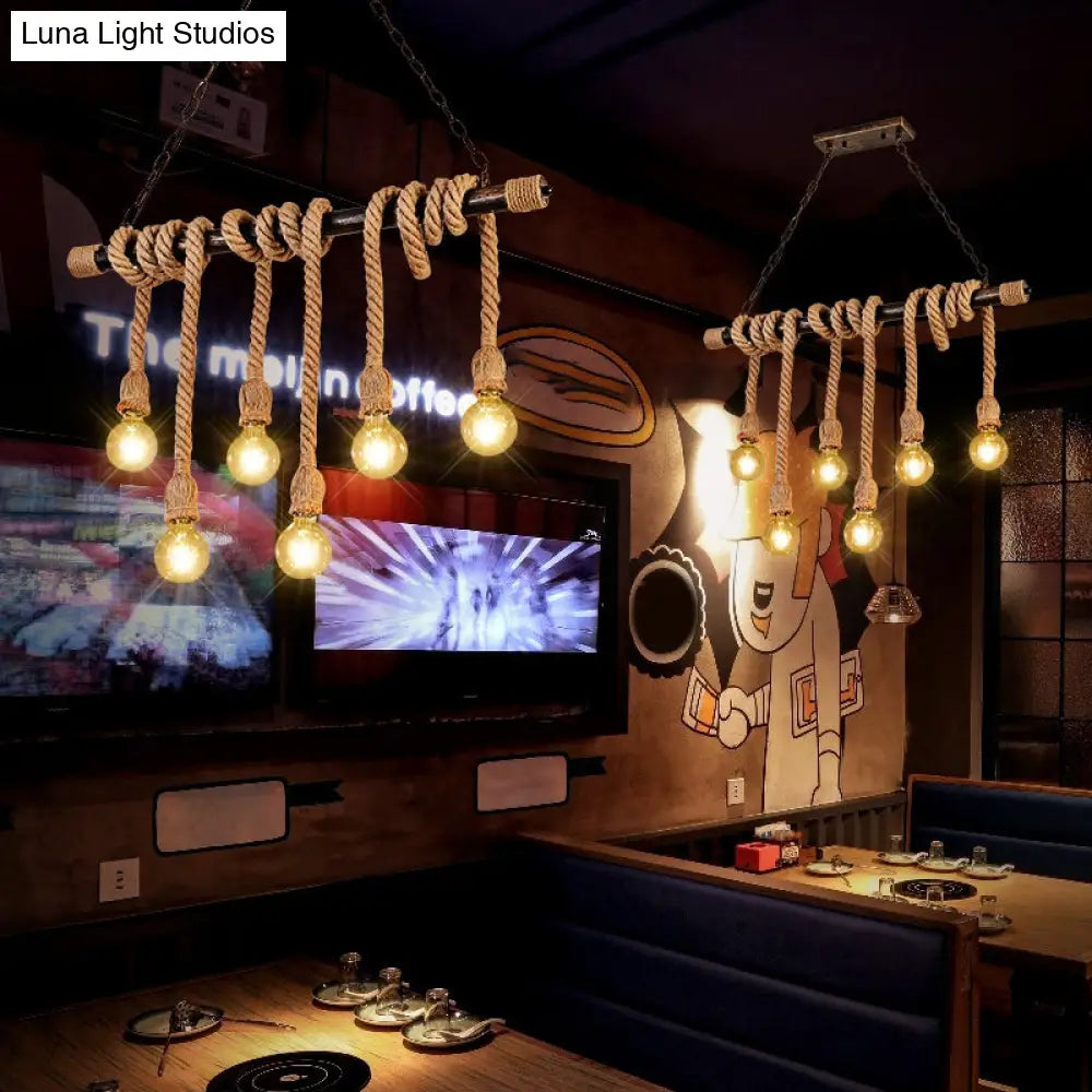 Farmhouse Exposed Bulb Pendant Light With Wood Hemp Rope - Ideal For Restaurants