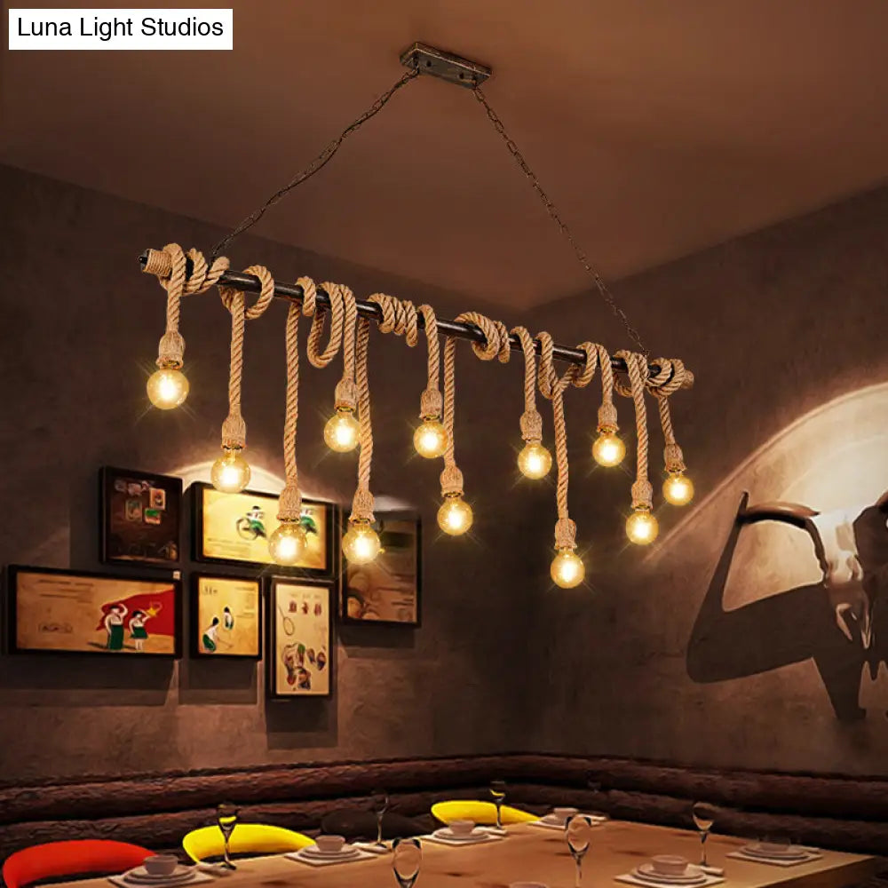 Farmhouse Exposed Bulb Pendant Light With Wood Hemp Rope - Ideal For Restaurants