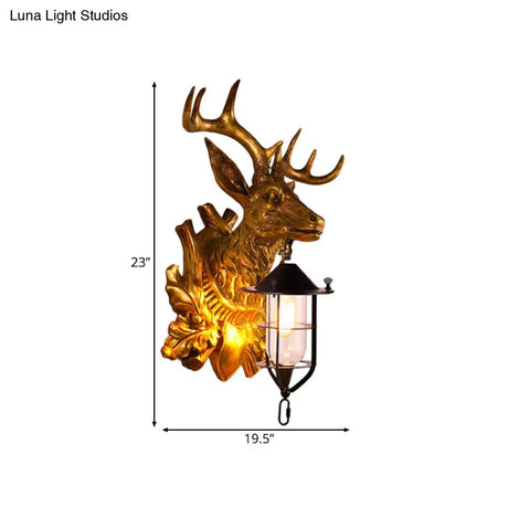 Farmhouse Gold Resin Deer Head Sconce Light: 1-Light Wall Mount Lamp For Doors
