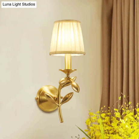 Farmhouse Gold Wheat Branch Wall Light With Gathered Fabric Shade - Single Bedroom Mount Fixture
