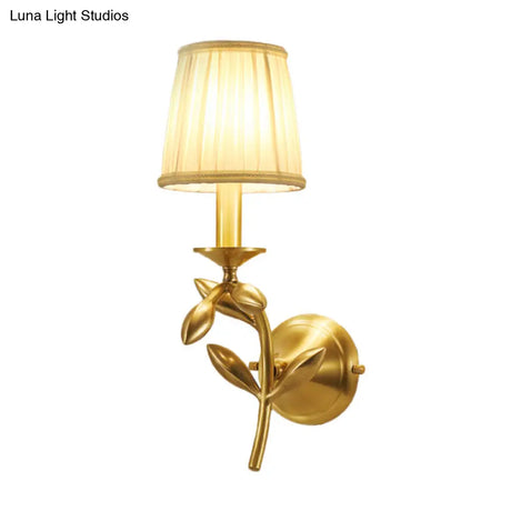 Farmhouse Gold Wheat Branch Wall Light With Gathered Fabric Shade - Single Bedroom Mount Fixture