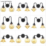 Farmhouse Iron 2-Head Wall Lighting In Black With Curved/Straight Arm Clear Glass Cone/Ball Shades -