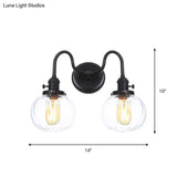 Farmhouse Iron 2-Head Wall Lighting In Black With Curved/Straight Arm Clear Glass Cone/Ball Shades -