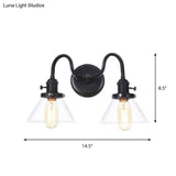 Farmhouse Iron 2-Head Wall Lighting In Black With Curved/Straight Arm Clear Glass Cone/Ball Shades -