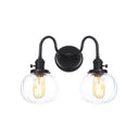 Farmhouse Iron 2-Head Wall Lighting In Black With Curved/Straight Arm Clear Glass Cone/Ball Shades -