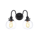 Farmhouse Iron 2-Head Wall Lighting In Black With Curved/Straight Arm Clear Glass Cone/Ball Shades -