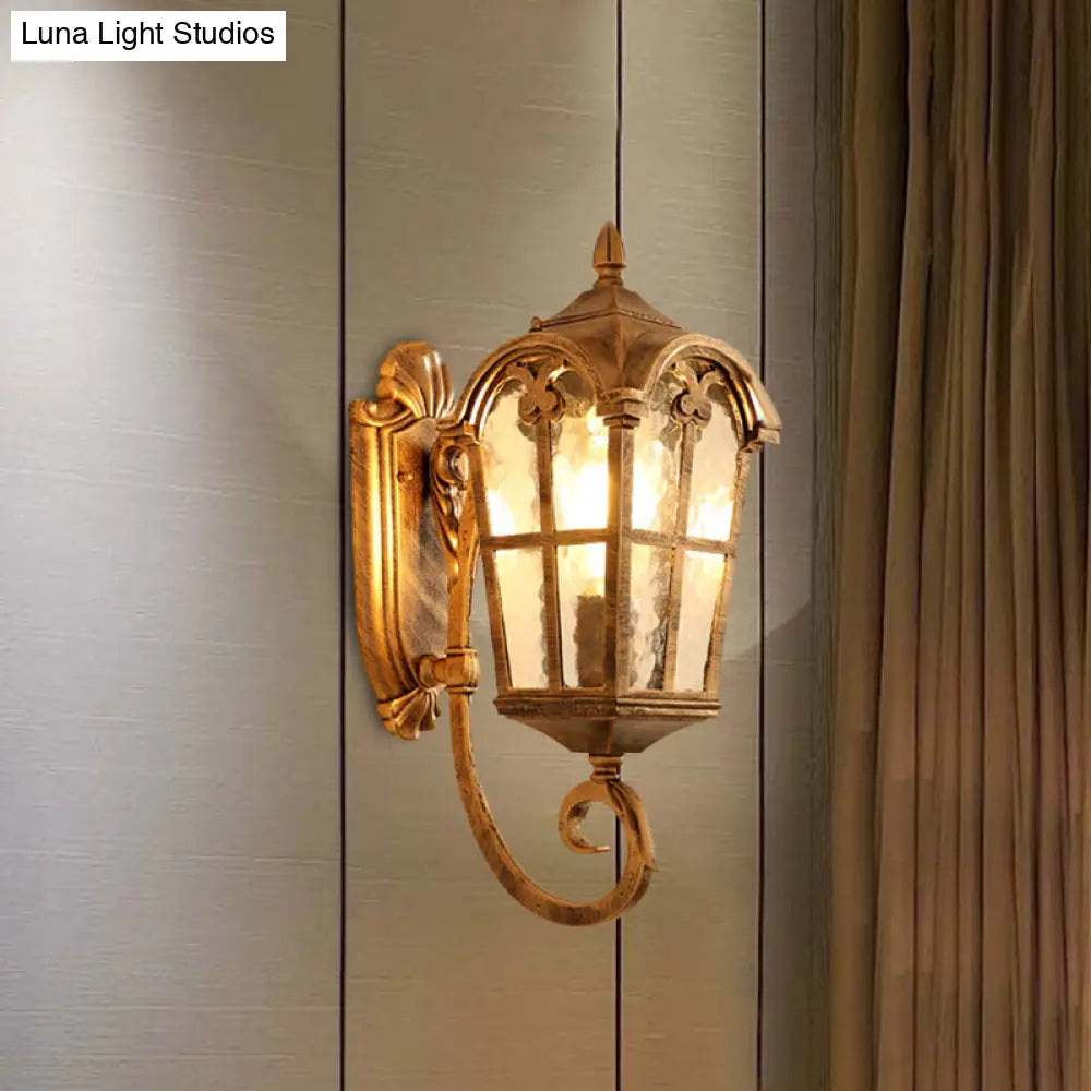 Farmhouse Lantern Sconce Lamp With Water Glass Shade: Black/Brass Wall Light Fixture