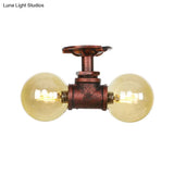 Farmhouse Led Amber Glass Copper Flushmount Light With 2 Heads - Semi Flush Ceiling Fixture