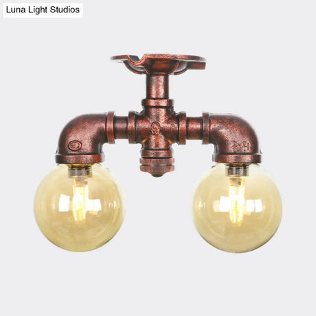 Farmhouse Led Amber Glass Copper Flushmount Light With 2 Heads - Semi Flush Ceiling Fixture