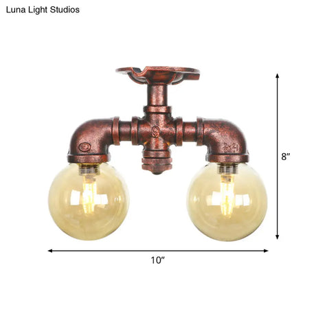 Farmhouse Led Amber Glass Copper Flushmount Light With 2 Heads - Semi Flush Ceiling Fixture