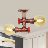 Farmhouse Led Amber Glass Copper Flushmount Light With 2 Heads - Semi Flush Ceiling Fixture / B