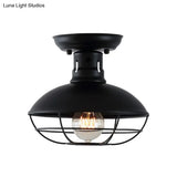 Farmhouse Metal Bowl Ceiling Lamp With Cage In Black - Semi Flush Mount