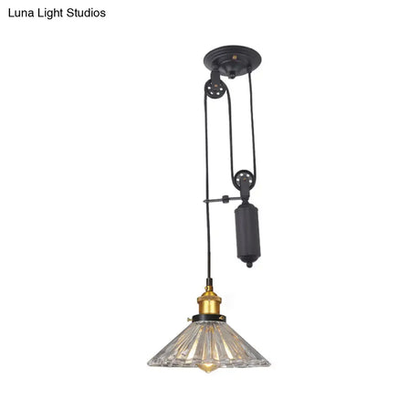 Farmhouse Pendant Light: Cone-Shaped Ribbed Glass Fixture In Bronze/Brass