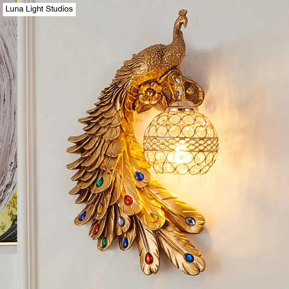 Farmhouse Resin Peacock Wall Sconce With Crystal Hemisphere Shade & 1 Bulb