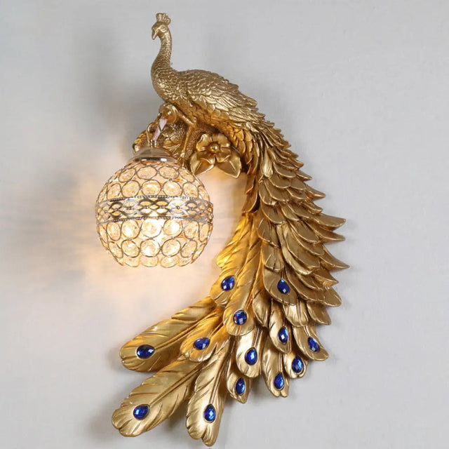 Farmhouse Resin Peacock Wall Sconce With Crystal Hemisphere Shade & 1 Bulb Gold / Right