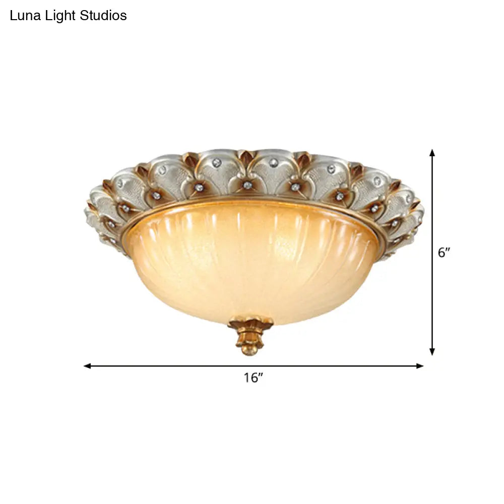 Farmhouse Ribbed Glass Ceiling Light: Domed Design 3 Bulbs Beige Flush Mount