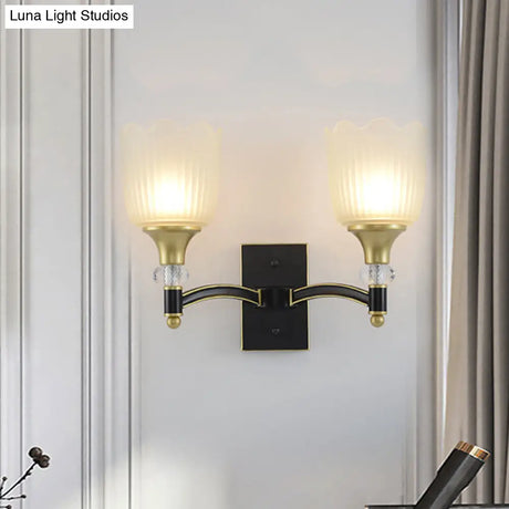 Farmhouse Scalloped Floral Wall Sconce With Opal Glass Shades - Black And Gold Finish