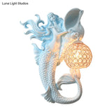 Farmhouse Sconce Light With Clear Beveled Crystal And Mermaid Design In Blue/Gold - Wall Mounted