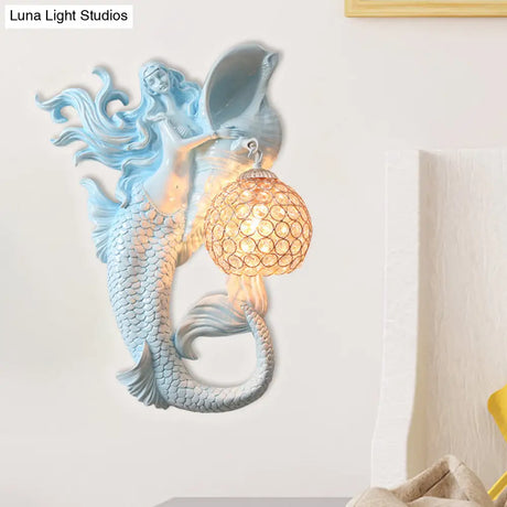 Farmhouse Sconce Light With Clear Beveled Crystal And Mermaid Design In Blue/Gold - Wall Mounted
