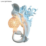 Farmhouse Sconce Light With Clear Beveled Crystal And Mermaid Design In Blue/Gold - Wall Mounted