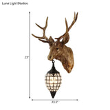 Farmhouse Single-Bulb Deer Head Wall Lamp With Crystal Shade In Brown/Gold Resin Sconce Lighting