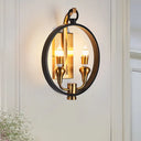 Farmhouse Style Black Metal Ring Sconce - 2 Head Wall Mounted Lamp With Bare Bulb For Corridor