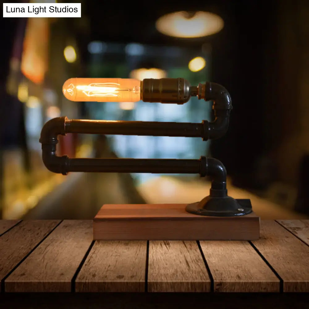 Farmhouse Style Black Metal Table Lamp With Wooden Base And Piped Bulb