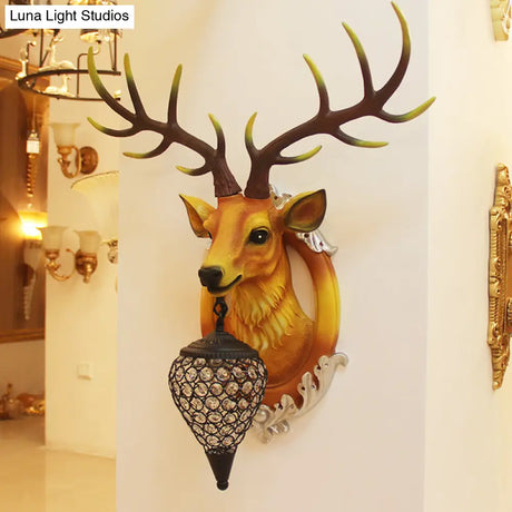 Farmhouse Style Brown Faux Deer Head Sconce Lamp - 16/21 Wide Wall Mounted With Crystal Shade