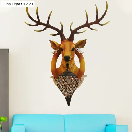 Farmhouse Style Brown Faux Deer Head Sconce Lamp - 16/21 Wide Wall Mounted With Crystal Shade
