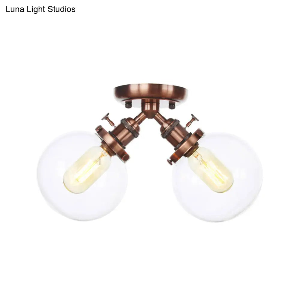 Farmhouse Style Semi Flush Ceiling Lamp - Metal And Glass With Dual Heads In Black/Bronze