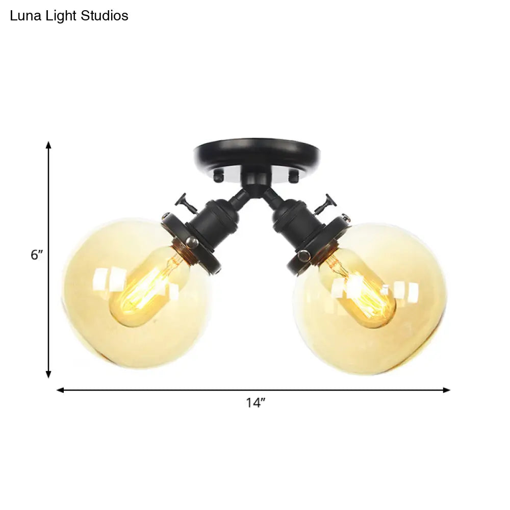 Farmhouse Style Semi Flush Ceiling Lamp - Metal And Glass With Dual Heads In Black/Bronze