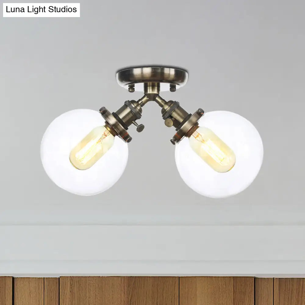 Farmhouse Style Semi Flush Ceiling Lamp - Metal And Glass With Dual Heads In Black/Bronze