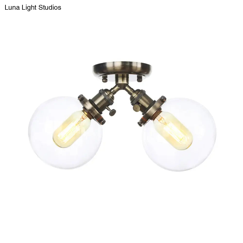 Farmhouse Style Semi Flush Ceiling Lamp - Metal And Glass With Dual Heads In Black/Bronze