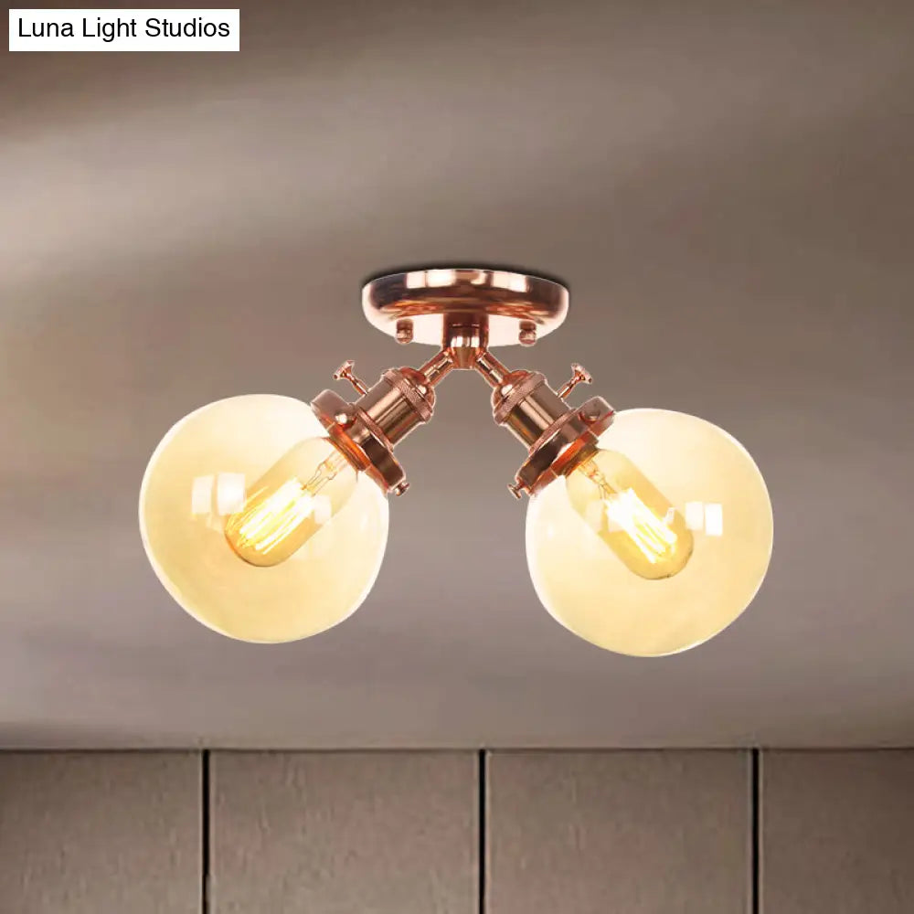 Farmhouse Style Semi Flush Ceiling Lamp - Metal And Glass With Dual Heads In Black/Bronze