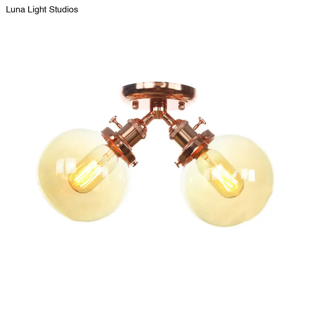 Farmhouse Style Semi Flush Ceiling Lamp - Metal And Glass With Dual Heads In Black/Bronze