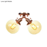 Farmhouse Style Semi Flush Ceiling Lamp - Metal And Glass With Dual Heads In Black/Bronze