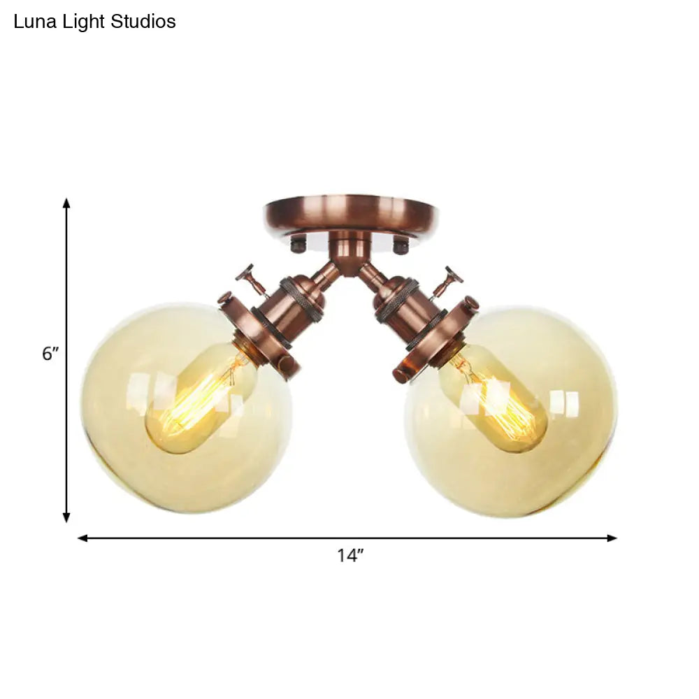 Farmhouse Style Semi Flush Ceiling Lamp - Metal And Glass With Dual Heads In Black/Bronze