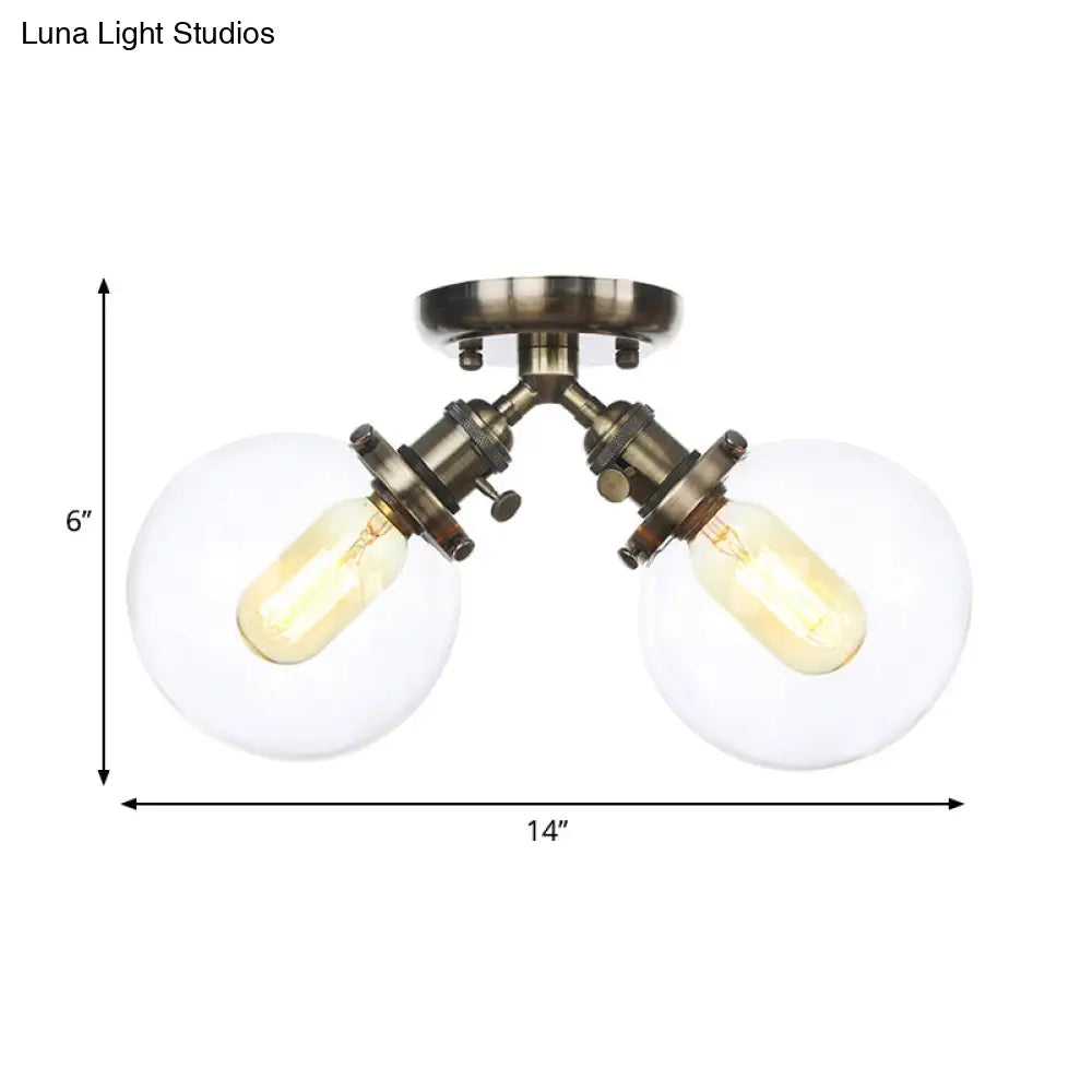 Farmhouse Style Semi Flush Ceiling Lamp - Metal And Glass With Dual Heads In Black/Bronze