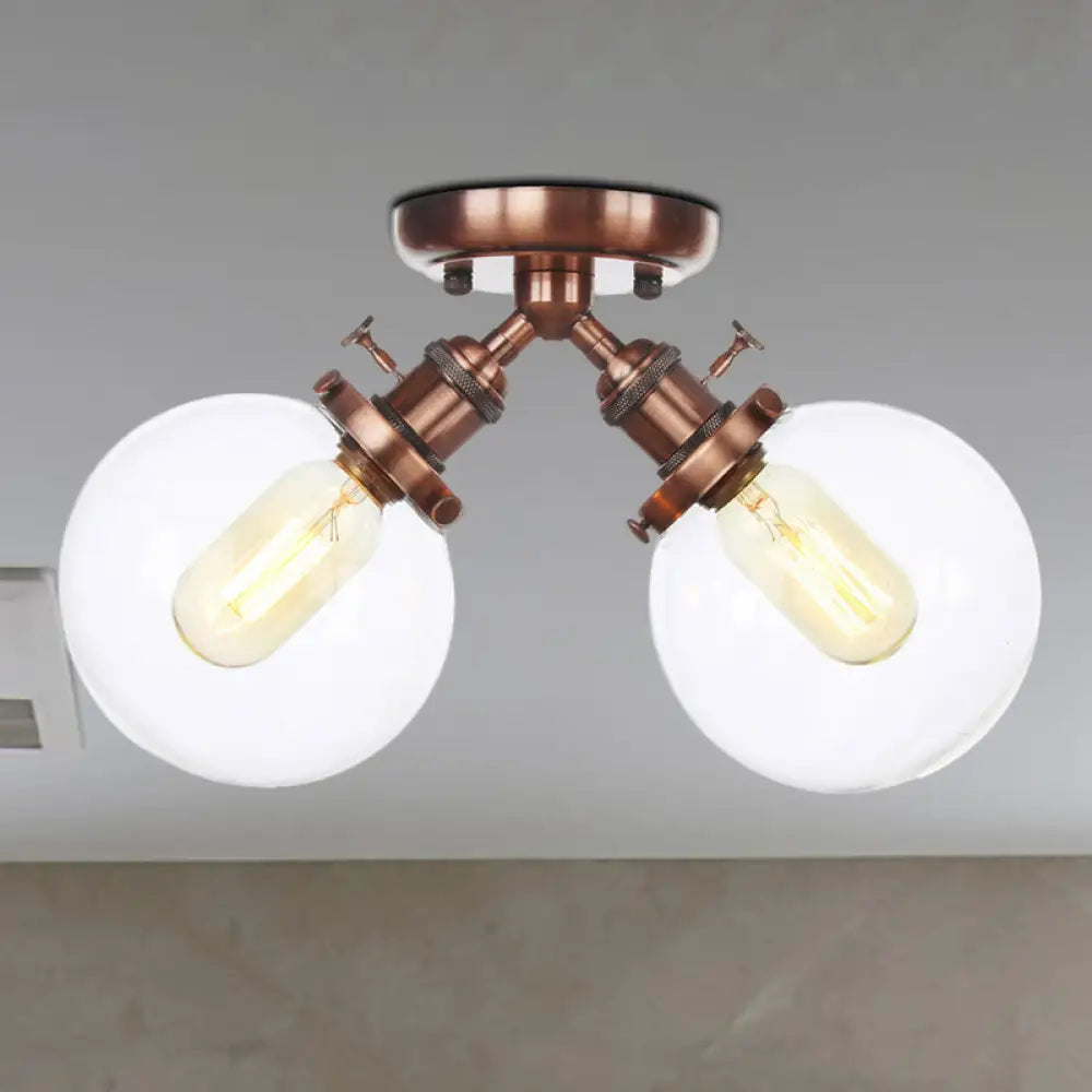Farmhouse Style Semi Flush Ceiling Lamp - Metal And Glass With Dual Heads In Black/Bronze Copper /