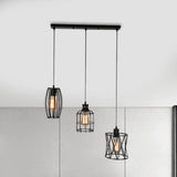 Farmhouse Style Suspended Metal Lamp With 3 Black Bulbs And Wire Guard For Restaurants