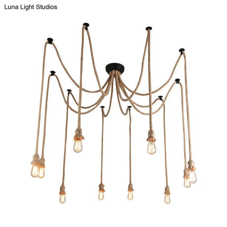 Farmhouse Style Swag Pendant Lighting: Bare Bulb Rope Hanging Light Fixture Beige