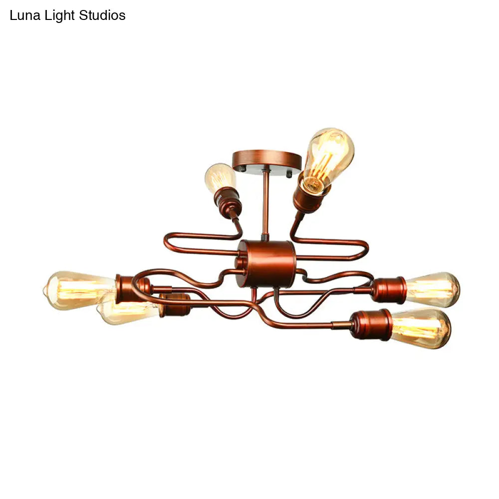 Farmhouse Style Twisted Arm Iron Ceiling Light With 6 Lights Copper Finish - Semi Flush Mount For