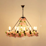 Farmhouse Wagon Wheel Chandelier With Plant Decor For Dining Room 10 / Pink