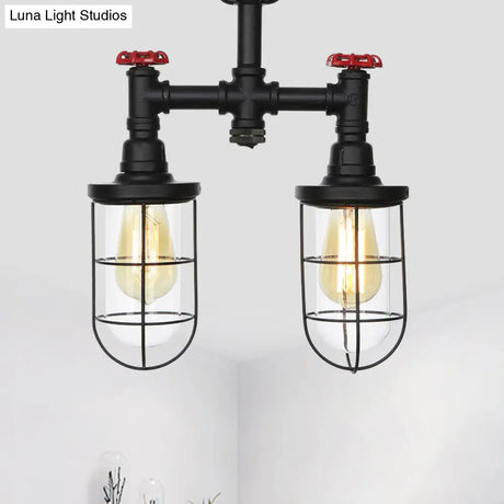 Farmhouse Wire Cage Flushmount Ceiling Fixture - Clear Glass Black Finish 2 Bulbs