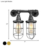 Farmhouse Wire Cage Sconce Light Fixture With 2 Bulbs - Coffee Shop Wall Mount Pipe Lamp In