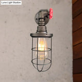 Farmhouse Wire Frame Corridor Wall Sconce With Red Valve Design In Antique Brass/Black