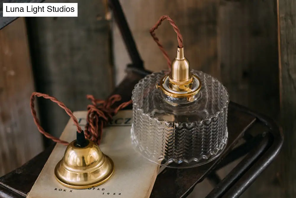 Fish-Bone Glass Hanging Light With Brass Drum Shade - Pendant Lamp For Bedroom & Dining Room