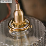 Fish-Bone Glass Hanging Light With Brass Drum Shade - Pendant Lamp For Bedroom & Dining Room