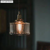 Fish-Bone Glass Hanging Light With Brass Drum Shade - Pendant Lamp For Bedroom & Dining Room