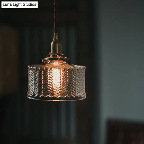 Fish-Bone Glass Hanging Light With Brass Drum Shade - Pendant Lamp For Bedroom & Dining Room